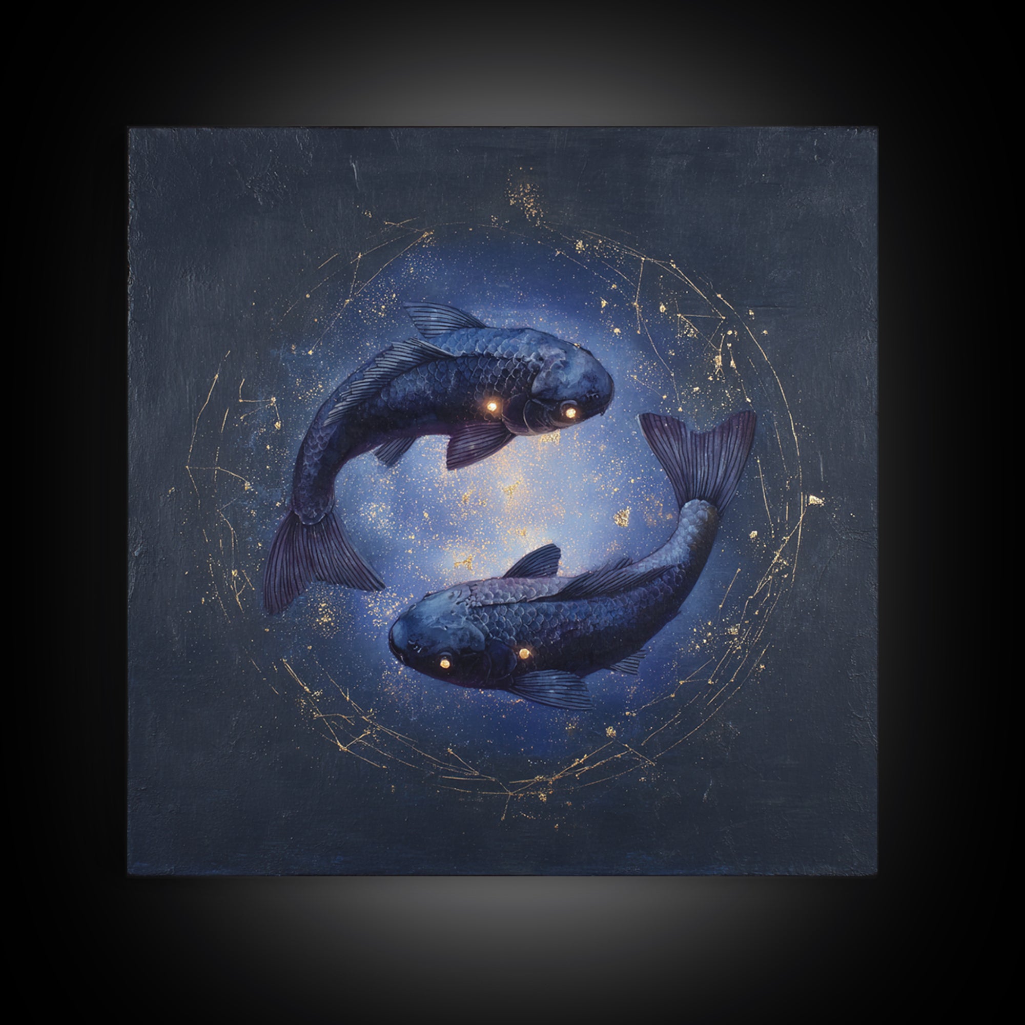 Cosmic Fish Pair Circling a Moonlit Pool Framed Canvas Print, Astrology Art, Dtf Print, Living Room Decor, Fine Art, Zodiac, AST-1x1-47