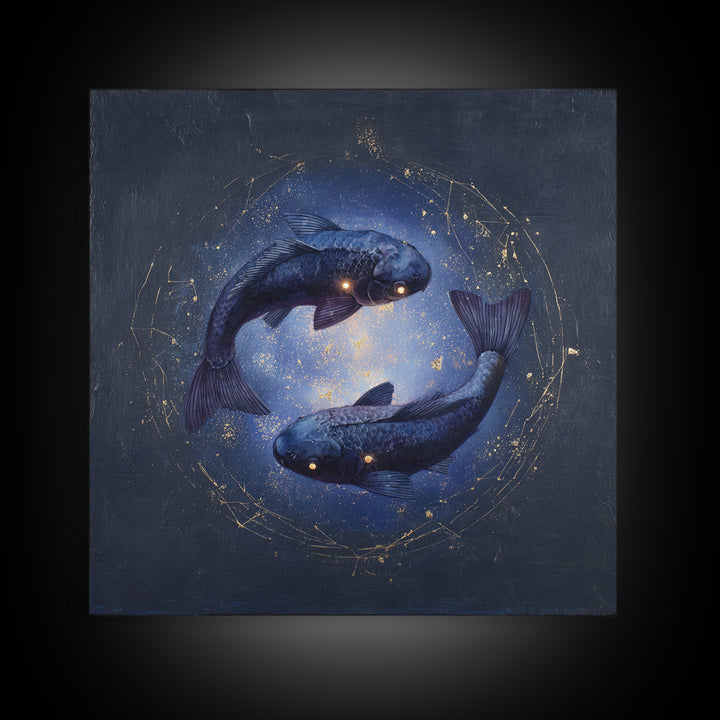 Cosmic Fish Pair Circling a Moonlit Pool Framed Canvas Print, Astrology Art, Dtf Print, Living Room Decor, Fine Art, Zodiac, AST-1x1-47