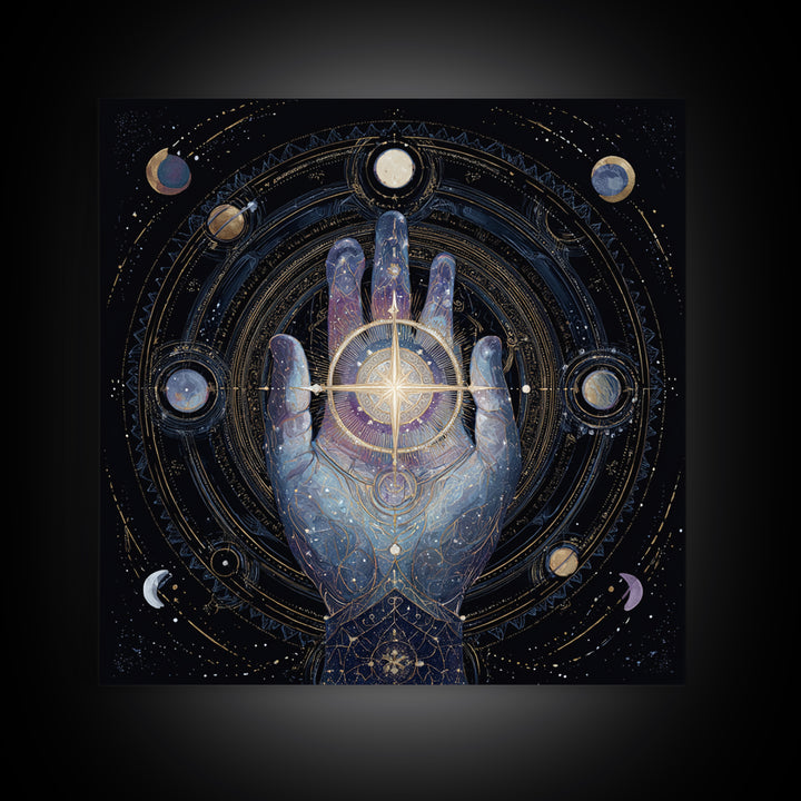 Tarot Cosmic Hand Holding a Glowing Star Framed Canvas Print, Astrology Art, Fine Art Print, Living Room Decor, Zodiac, AST-1x1-78