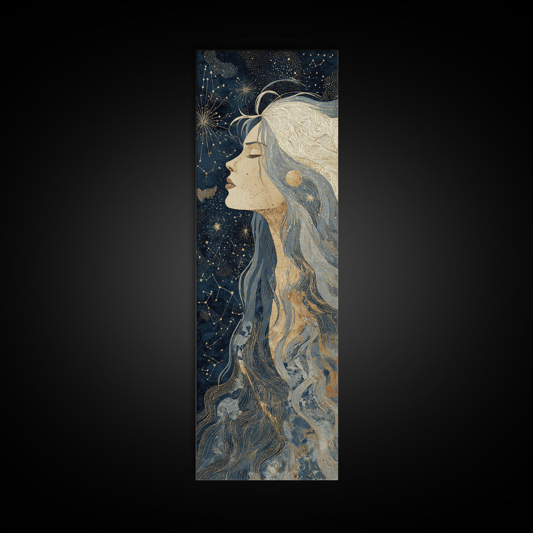Moon Goddess with Flowing Hair and Constellations Framed Canvas Print, Astrology Art, Boho Decor, Living Room Decor, Zodiac, AST-1x3-15
