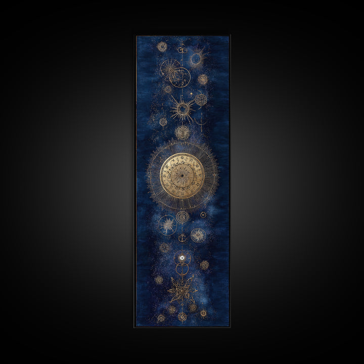 Gold Zodiac Wheel on Deep Midnight Blue Framed Canvas Print, Astrology Art, Art Print, Living Room Decor, Fine Art, Zodiac, AST-1x3-61