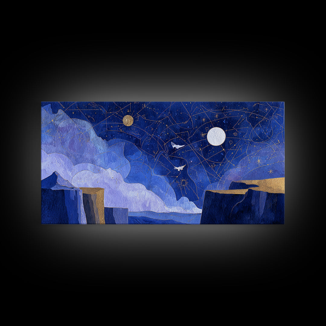Ram Constellation Above Desert Cliffs at Night Framed Canvas Print, Astrology Art, Giclee Print, Living Room Decor, AST-2x1-100