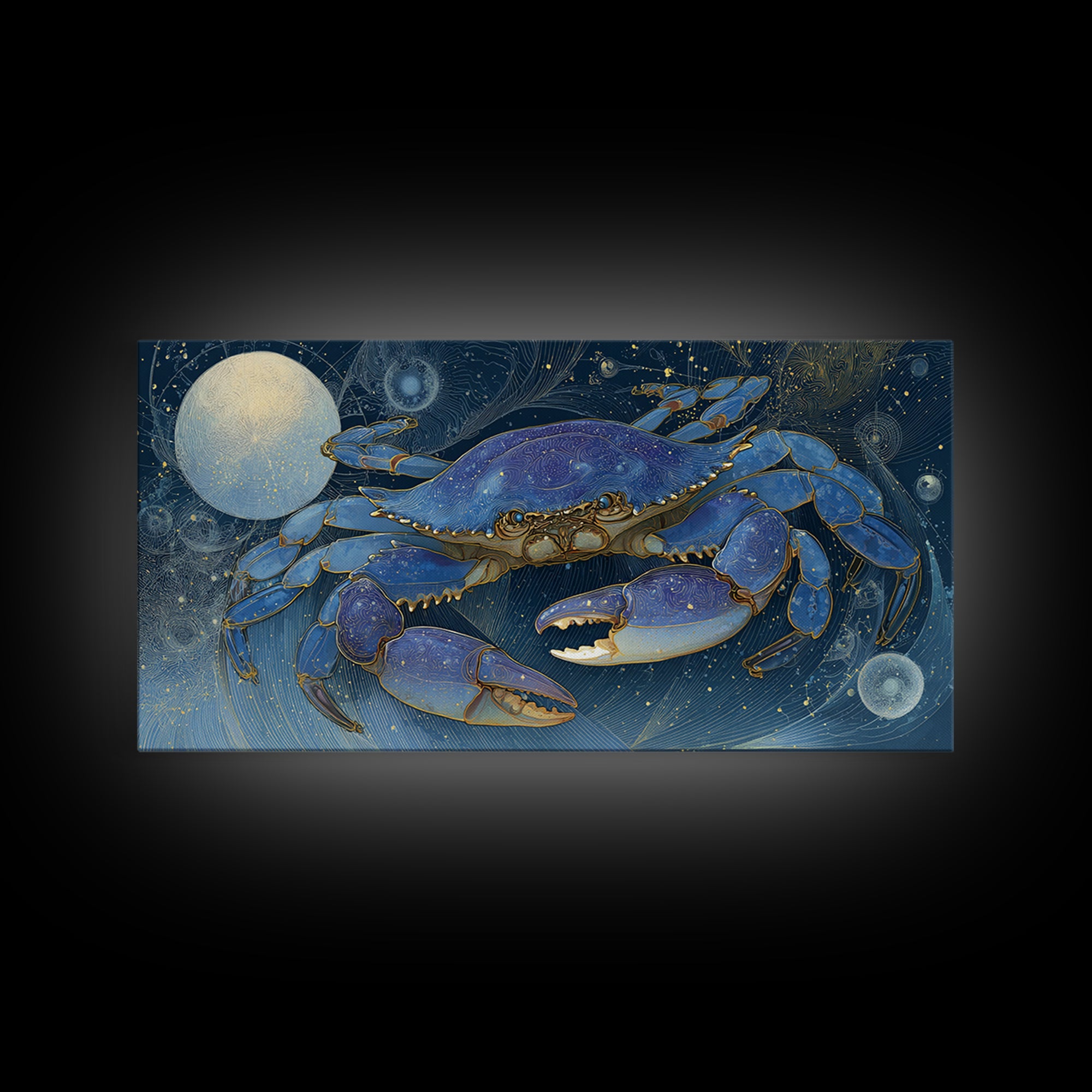 Celestial Crab under Glowing Ocean Moonlight Framed Canvas Print, Astrology Art, Room Decor, Living Room Decor, Zodiac, AST-2x1-12