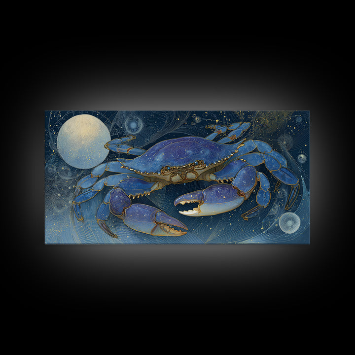 Celestial Crab under Glowing Ocean Moonlight Framed Canvas Print, Astrology Art, Room Decor, Living Room Decor, Zodiac, AST-2x1-12