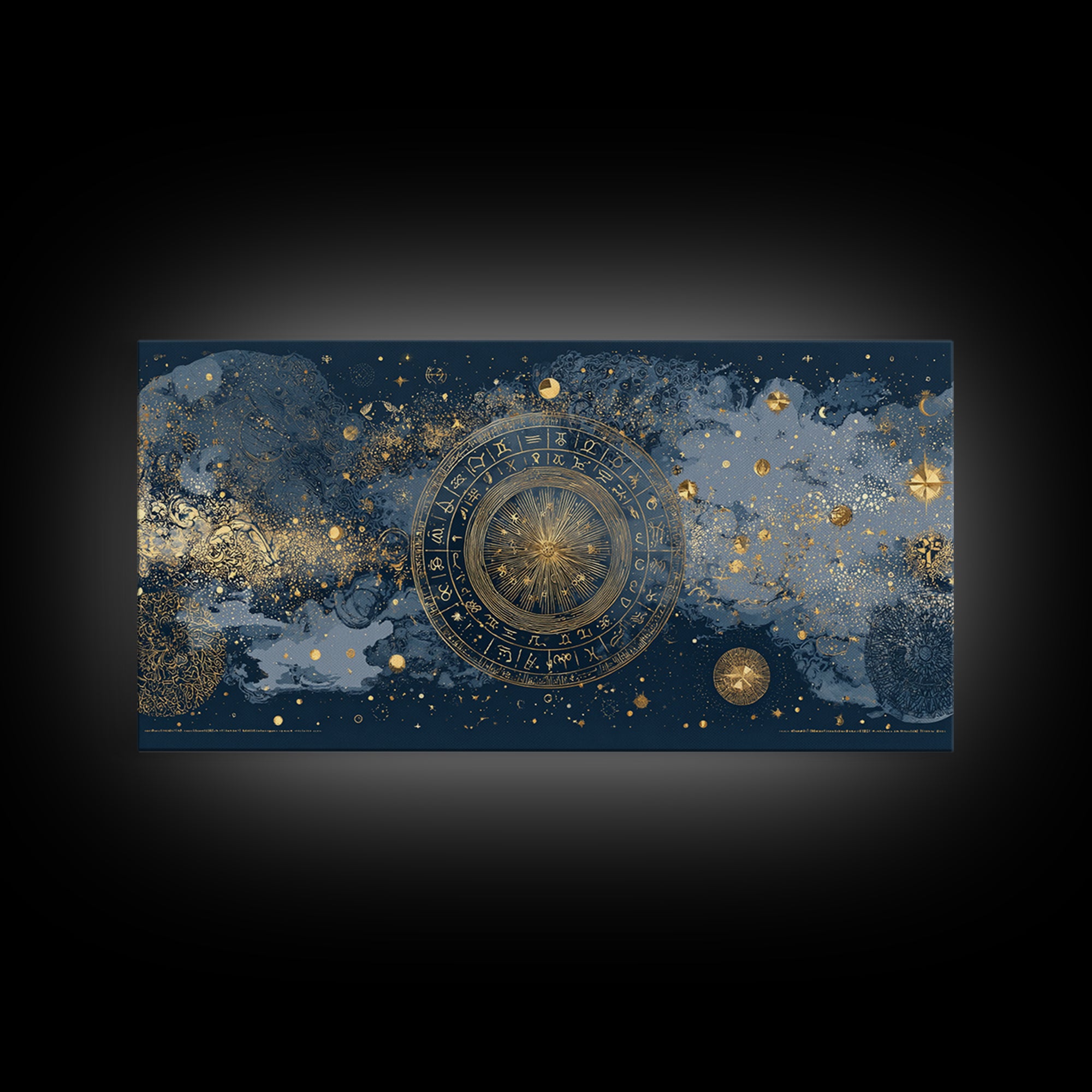 Gold Zodiac Wheel on Deep Midnight Blue Canvas Print, Astrology Art, Digital Wall Art, Living Room Decor, Oil Painting, Zodiac, AST-2x1-21