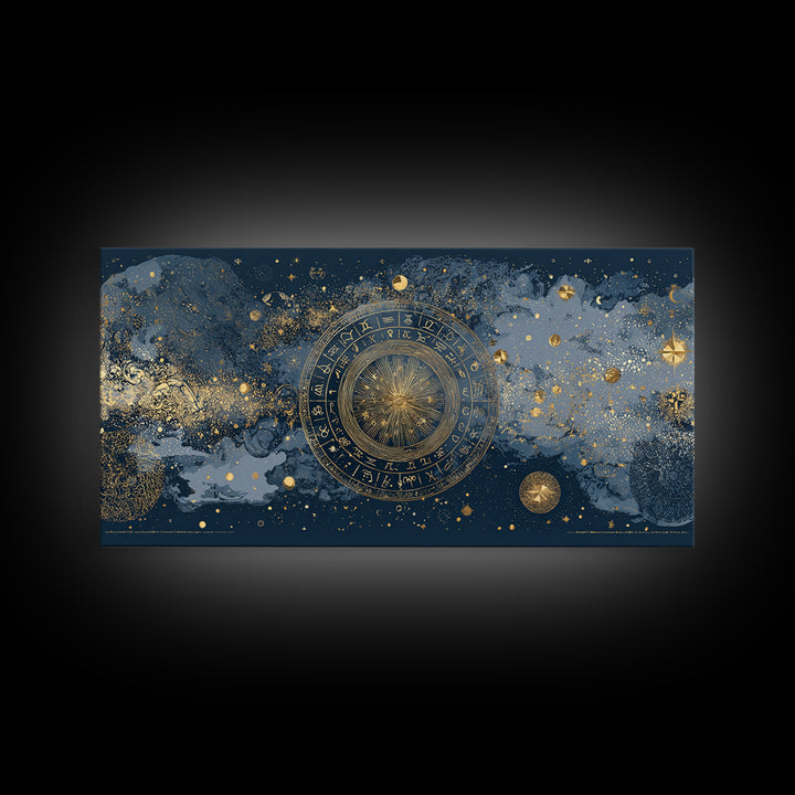 Gold Zodiac Wheel on Deep Midnight Blue Canvas Print, Astrology Art, Digital Wall Art, Living Room Decor, Oil Painting, Zodiac, AST-2x1-21