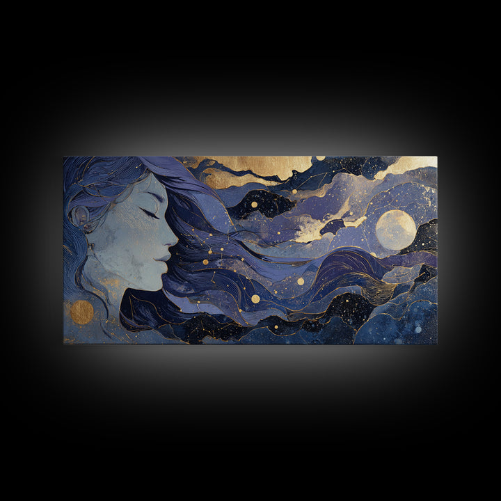 Moon Goddess with Flowing Hair and Constellations Framed Canvas Print, Astrology Art, Astrology, Living Room Decor, Zodiac, AST-2x1-23