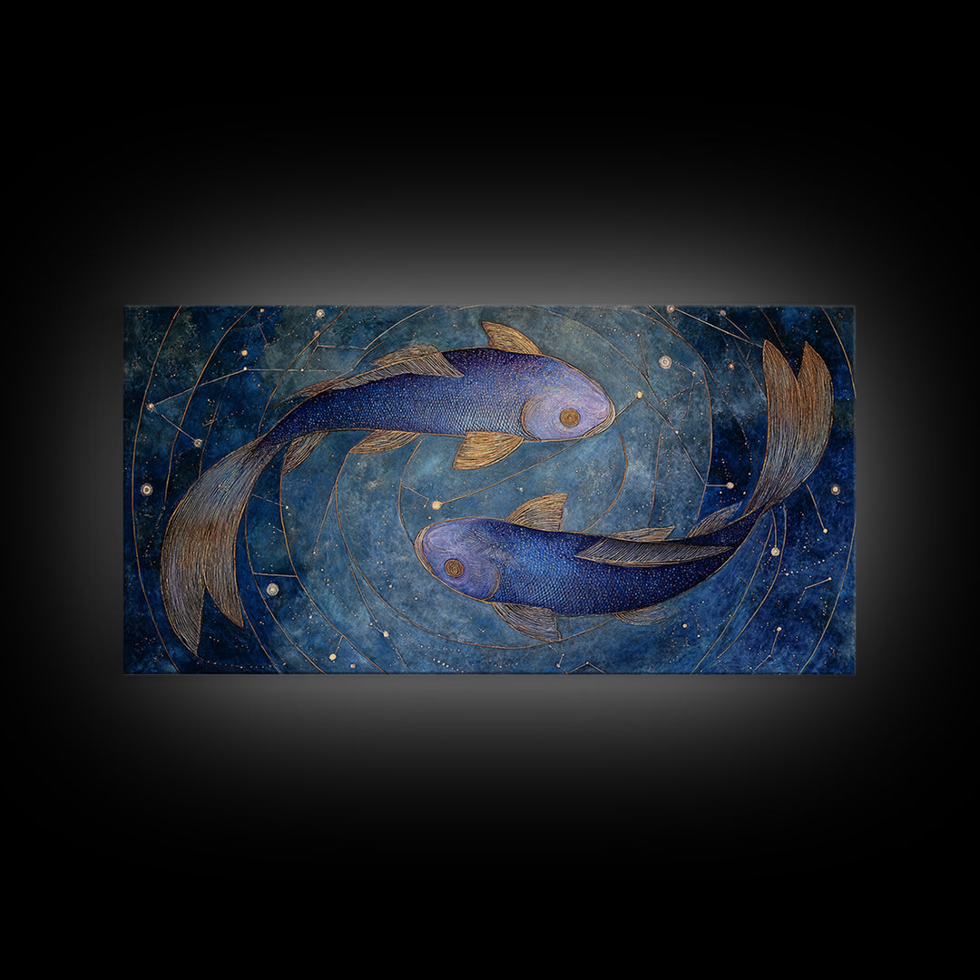 Cosmic Fish Pair Circling a Moonlit Pool Framed Canvas Print, Astrology Art, Art Nouveau, Living Room Decor, Fine Art, Zodiac, AST-2x1-43