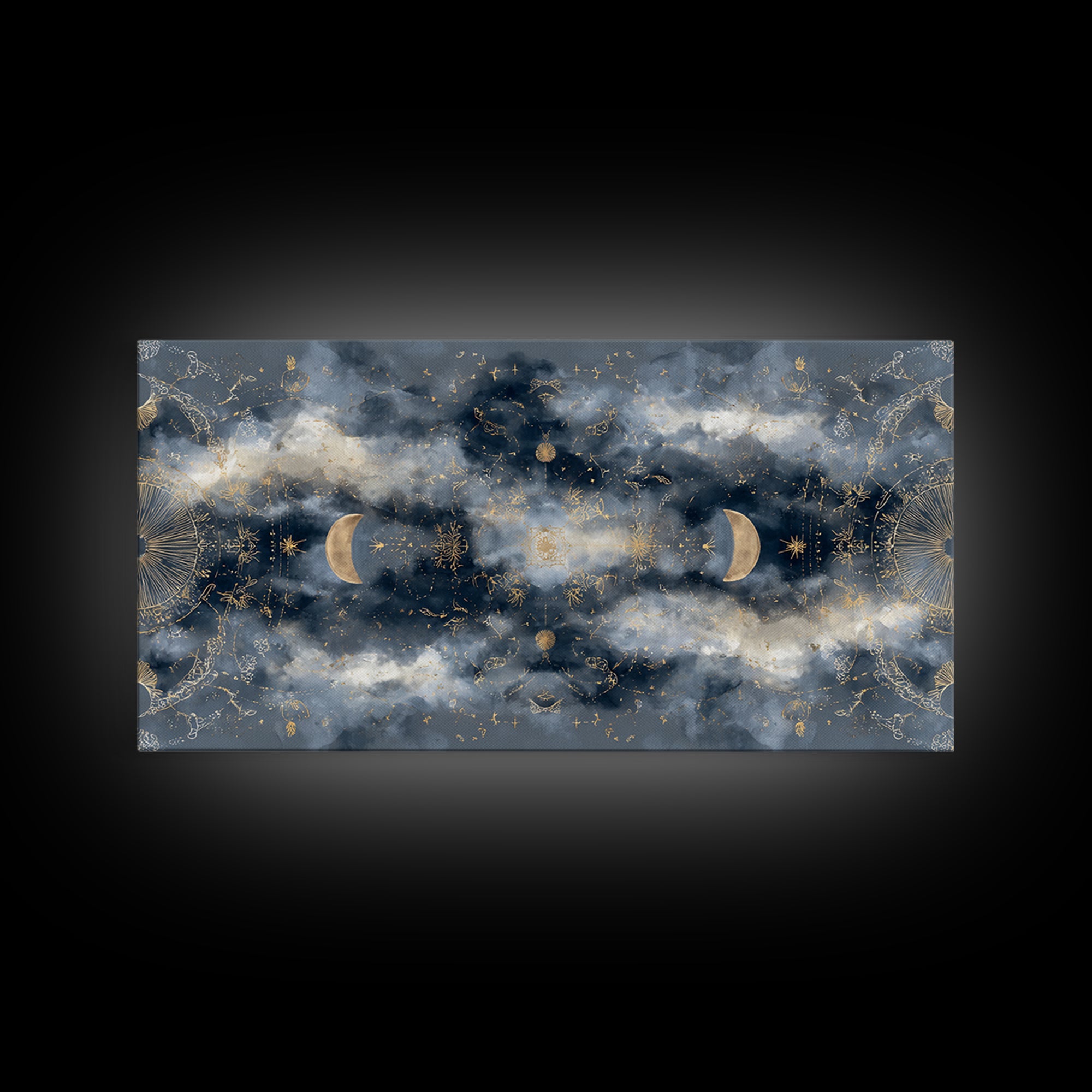 Celestial Twins Surrounded by Mirrored Moons Canvas Print, Astrology Art, Astrology Gifts, Living Room Decor, Oil Painting, AST-2x1-77