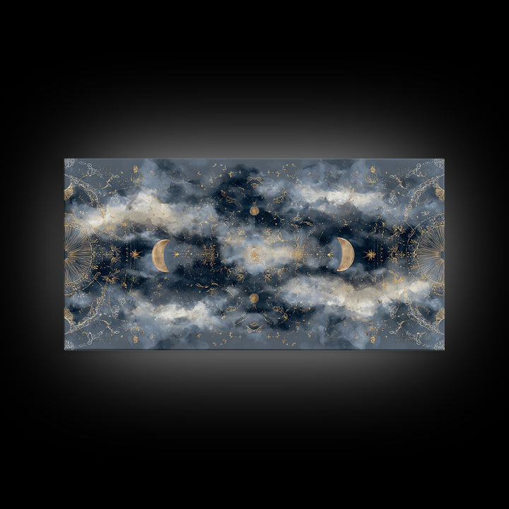 Celestial Twins Surrounded by Mirrored Moons Canvas Print, Astrology Art, Astrology Gifts, Living Room Decor, Oil Painting, AST-2x1-77