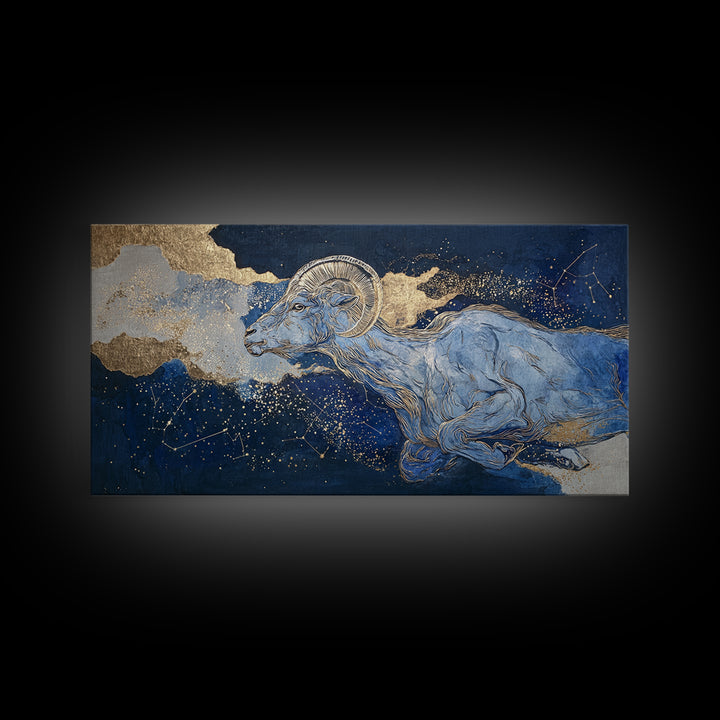 Capricorn Sea Goat Emerging from Cosmic Waves Framed Canvas Print, Astrology Art, Zodiac Sign Print, Living Room Decor, Zodiac, AST-2x1-87