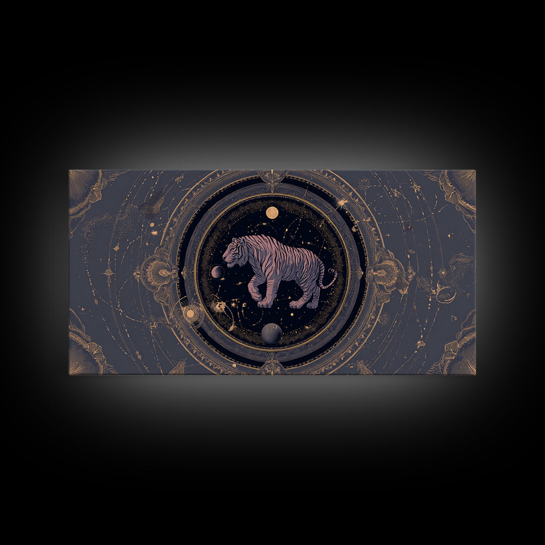 Twelve Zodiac Animals Arranged Framed Canvas Print, Astrology Art, Zodiac Sign Wall Art, Living Room Decor, Oil Painting, AST-2x1-96