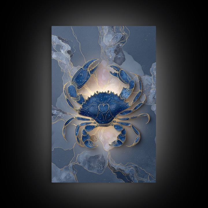 Celestial Crab under Glowing Ocean Moonlight Framed Canvas Print, Astrology Art, Neutral Decor, Living Room Decor, Zodiac, AST-2x3-24