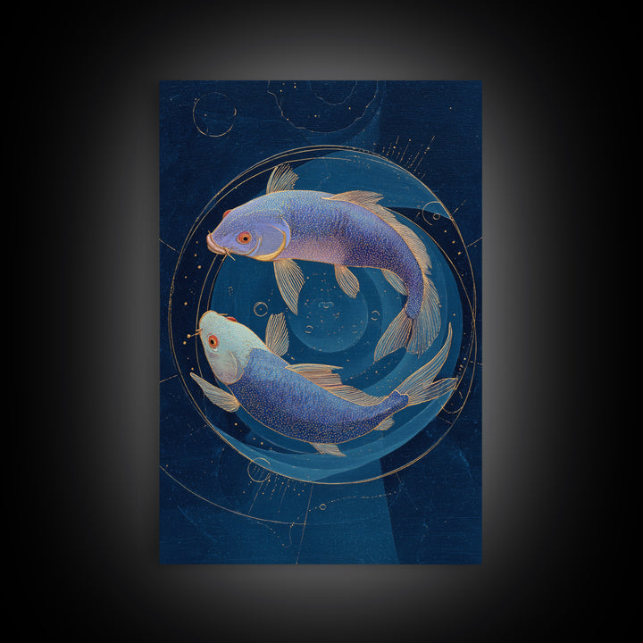 Cosmic Fish Pair Circling a Moonlit Pool Canvas Print, Astrology Art, Poster, Living Room Decor, Zodiac, Astrology Gifts, AST-2x3-31