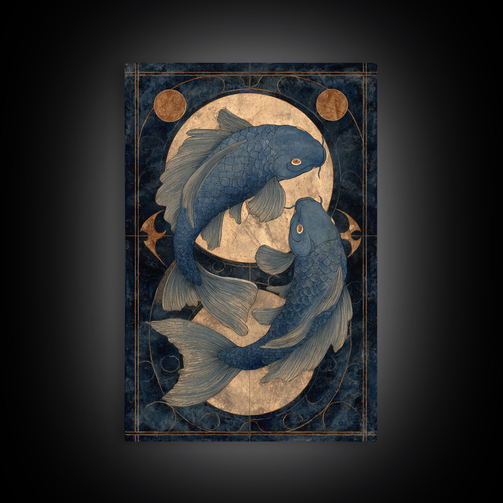 Cosmic Fish Pair Circling a Moonlit Pool Framed Canvas Print, Astrology Art, Art Nouveau, Living Room Decor, Fine Art, Zodiac, AST-2x3-55