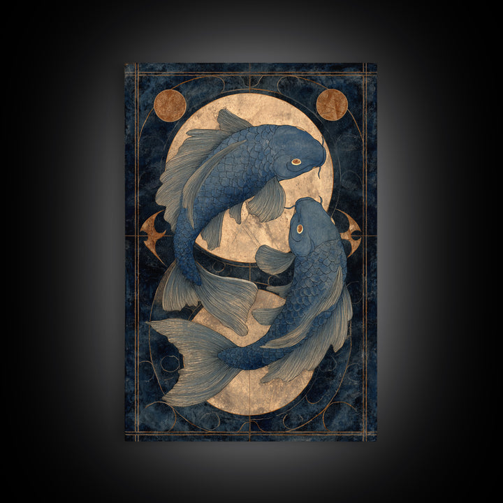 Cosmic Fish Pair Circling a Moonlit Pool Framed Canvas Print, Astrology Art, Art Nouveau, Living Room Decor, Fine Art, Zodiac, AST-2x3-55