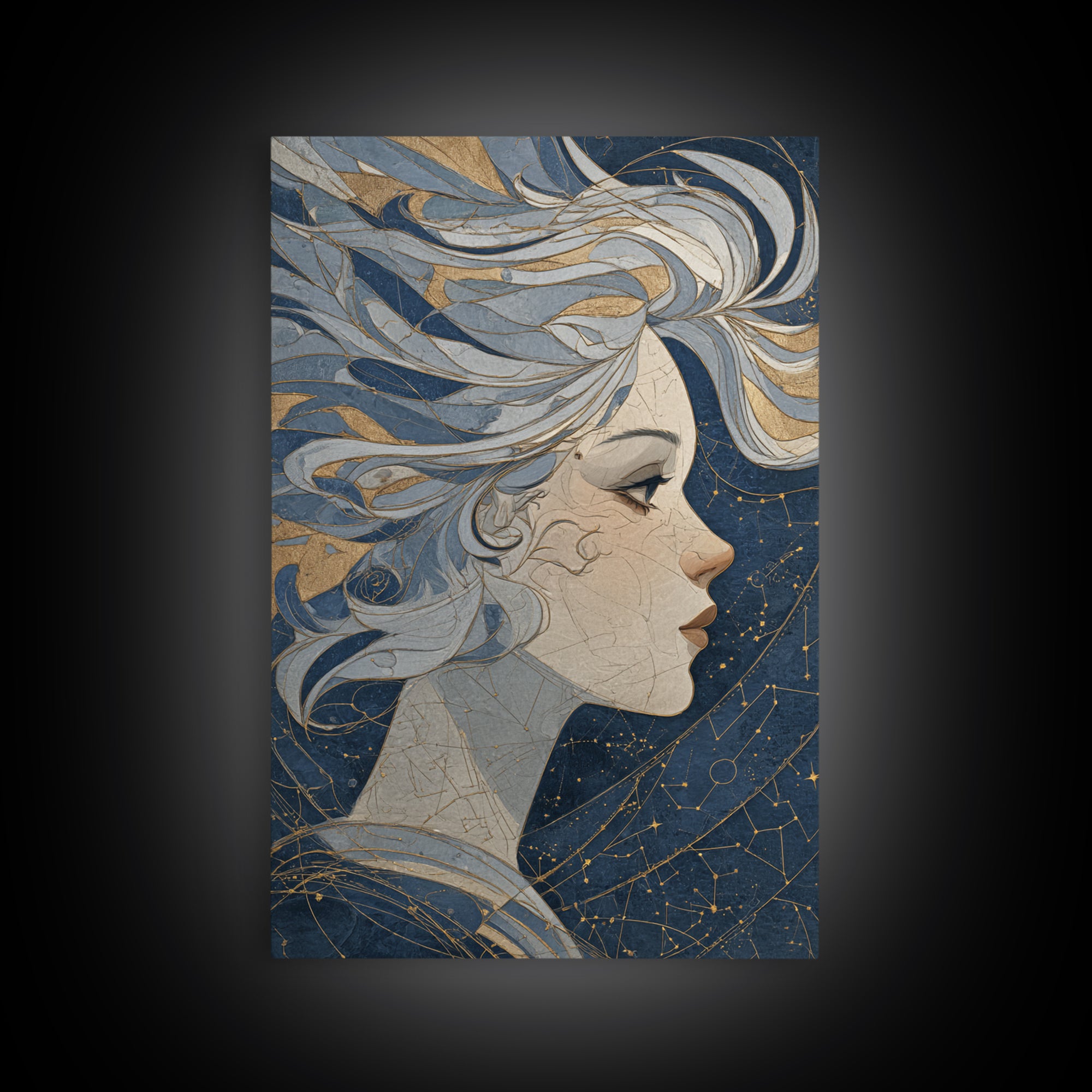 Moon Goddess with Flowing Hair and Constellations Canvas Print, Astrology Art, Astrology Gifts, Living Room Decor, Zodiac, AST-2x3-59