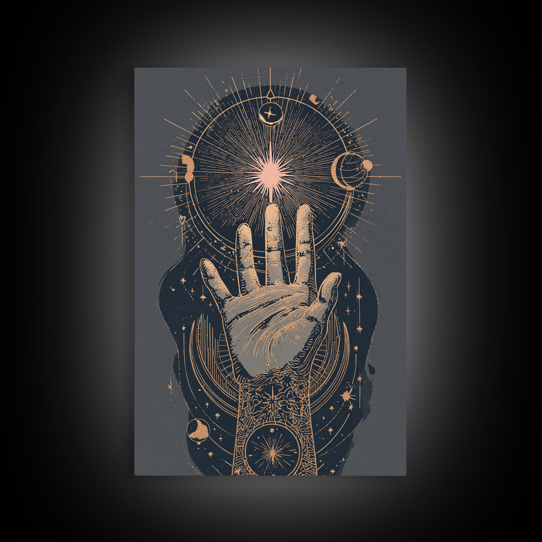 Tarot Cosmic Hand Holding a Glowing Star Canvas Print, Astrology Art, Boho Decor, Living Room Decor, Abstract Art, Zodiac, AST-2x3-62
