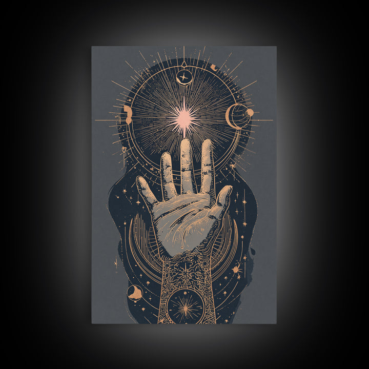 Tarot Cosmic Hand Holding a Glowing Star Canvas Print, Astrology Art, Boho Decor, Living Room Decor, Abstract Art, Zodiac, AST-2x3-62