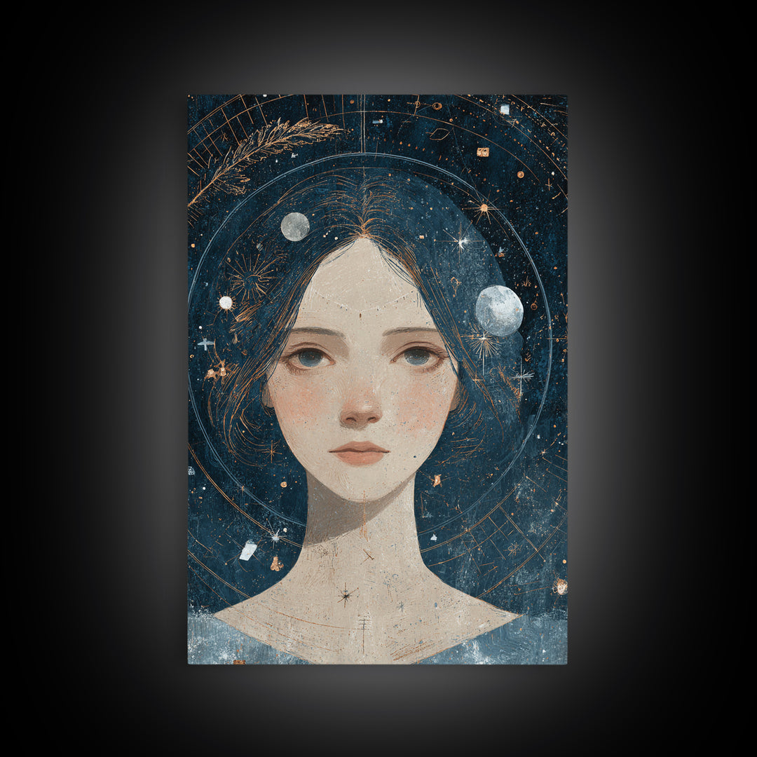 Virgo Maiden with Wheat and Blue Night Framed Canvas Print, Astrology Art, Astrology, Living Room Decor, Watercolor Art, Zodiac, AST-2x3-74