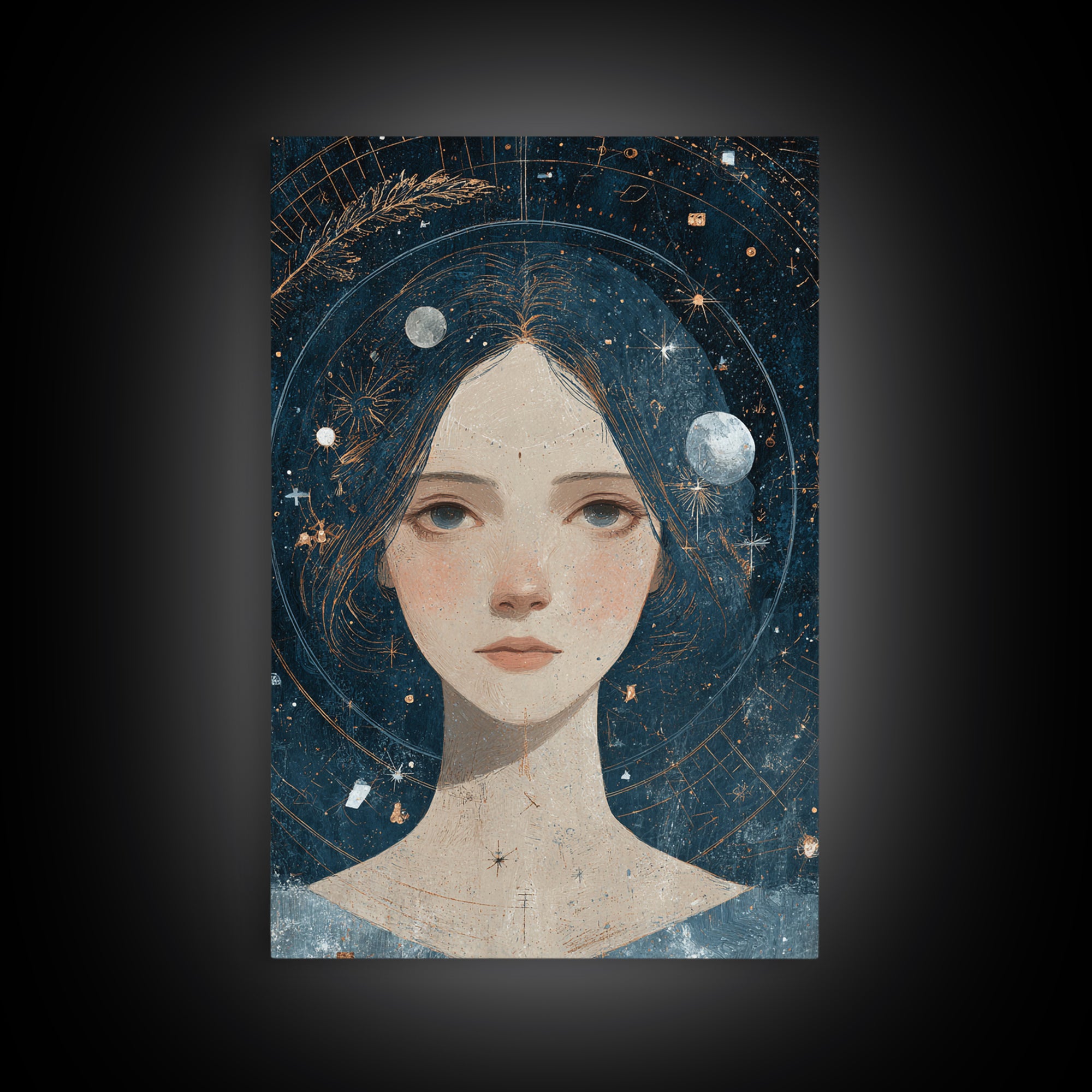Virgo Maiden with Wheat and Blue Night Framed Canvas Print, Astrology Art, Astrology, Living Room Decor, Watercolor Art, Zodiac, AST-2x3-74