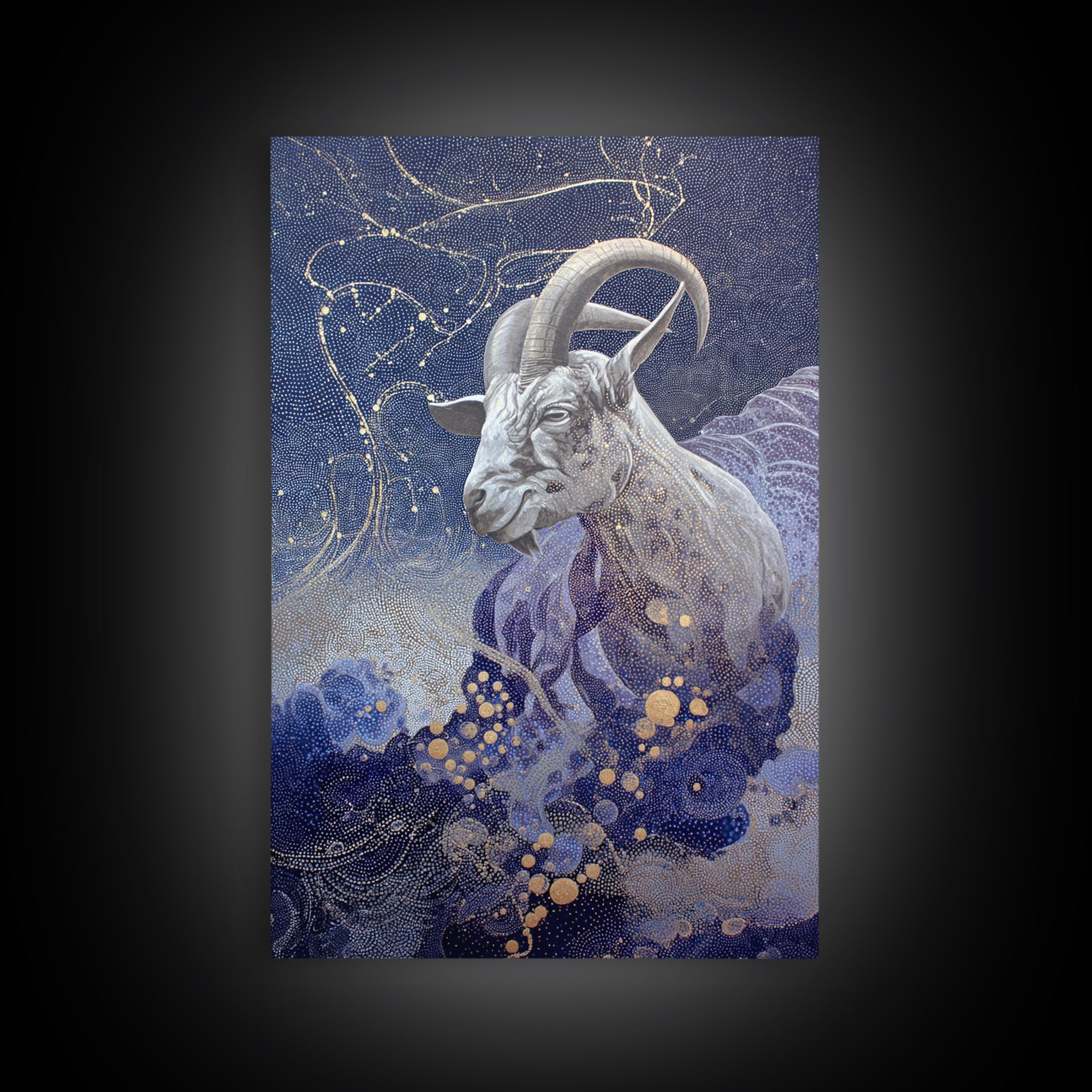 Capricorn Sea Goat Emerging from Cosmic Waves Framed Canvas Print, Astrology Art, Psychedelic Art, Living Room Decor, Zodiac, AST-2x3-75