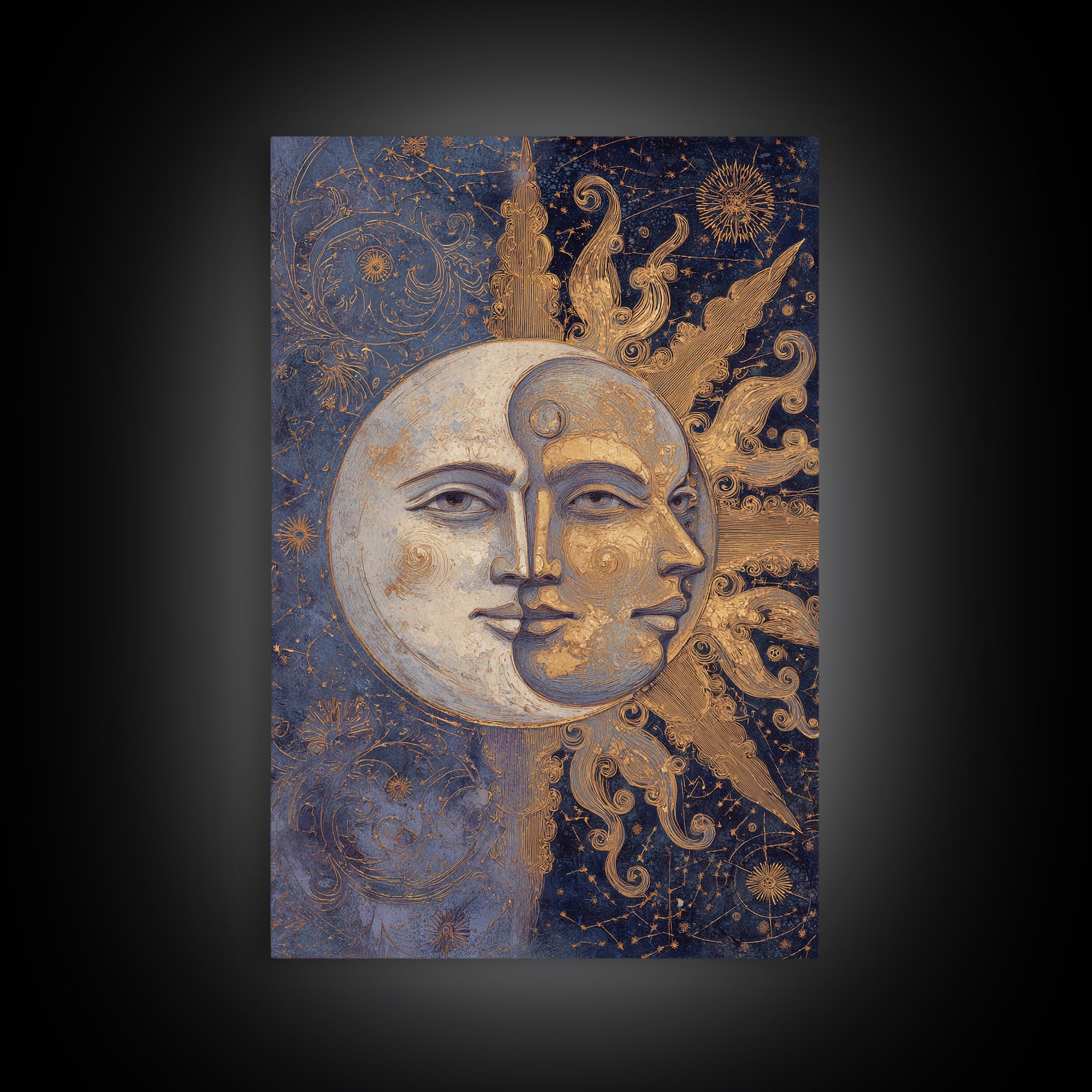 Sun and Moon Faces Framed Canvas Print, Astrology Art, Giclee Print, Living Room Decor, Fine Art, Zodiac, Fine Art Print, AST-2x3-85