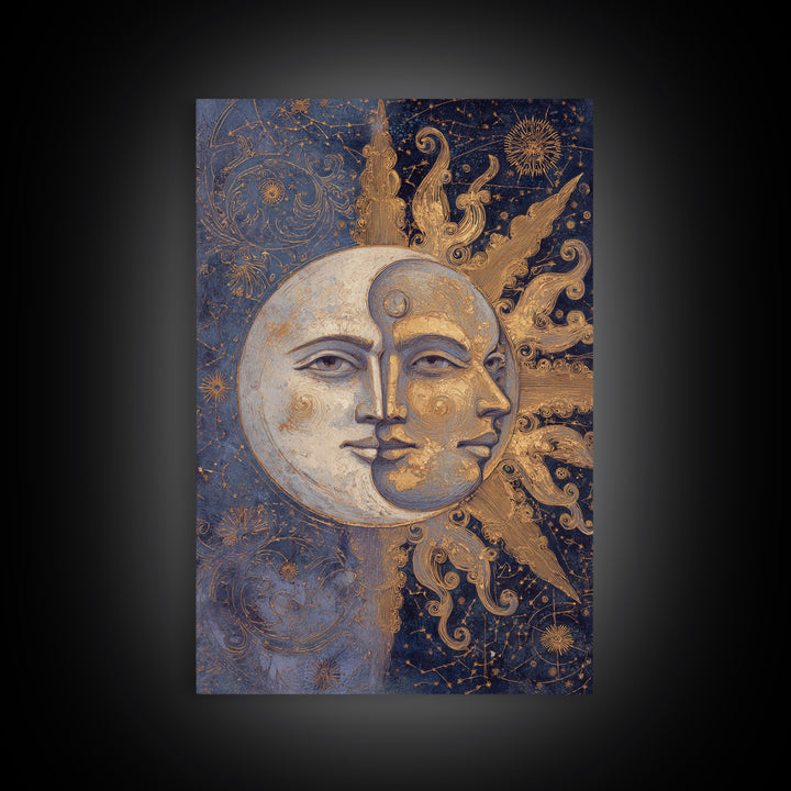 Sun and Moon Faces Framed Canvas Print, Astrology Art, Giclee Print, Living Room Decor, Fine Art, Zodiac, Fine Art Print, AST-2x3-85
