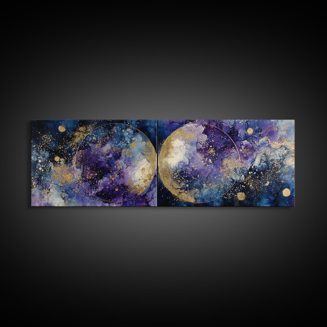 Celestial Twins Surrounded by Mirrored Moons Framed Canvas Print, Astrology Art, Wall Decor, Living Room Decor, Zodiac, AST-3x1-73