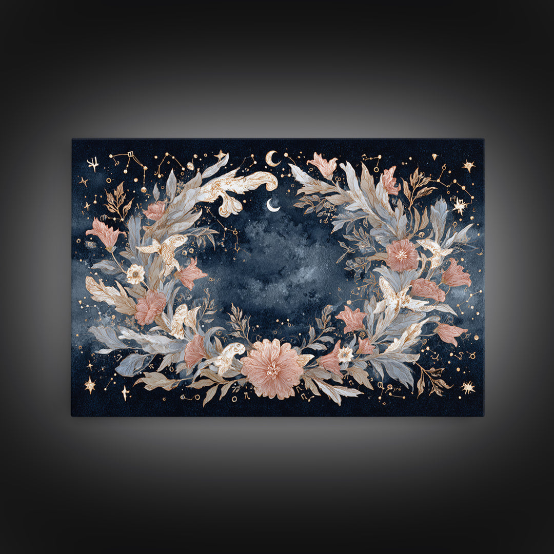 Astrological Botanical Wreath Framed Canvas Print, Astrology Art, Astronomy Art, Living Room Decor, Watercolor Art, Zodiac, AST-3x2-15