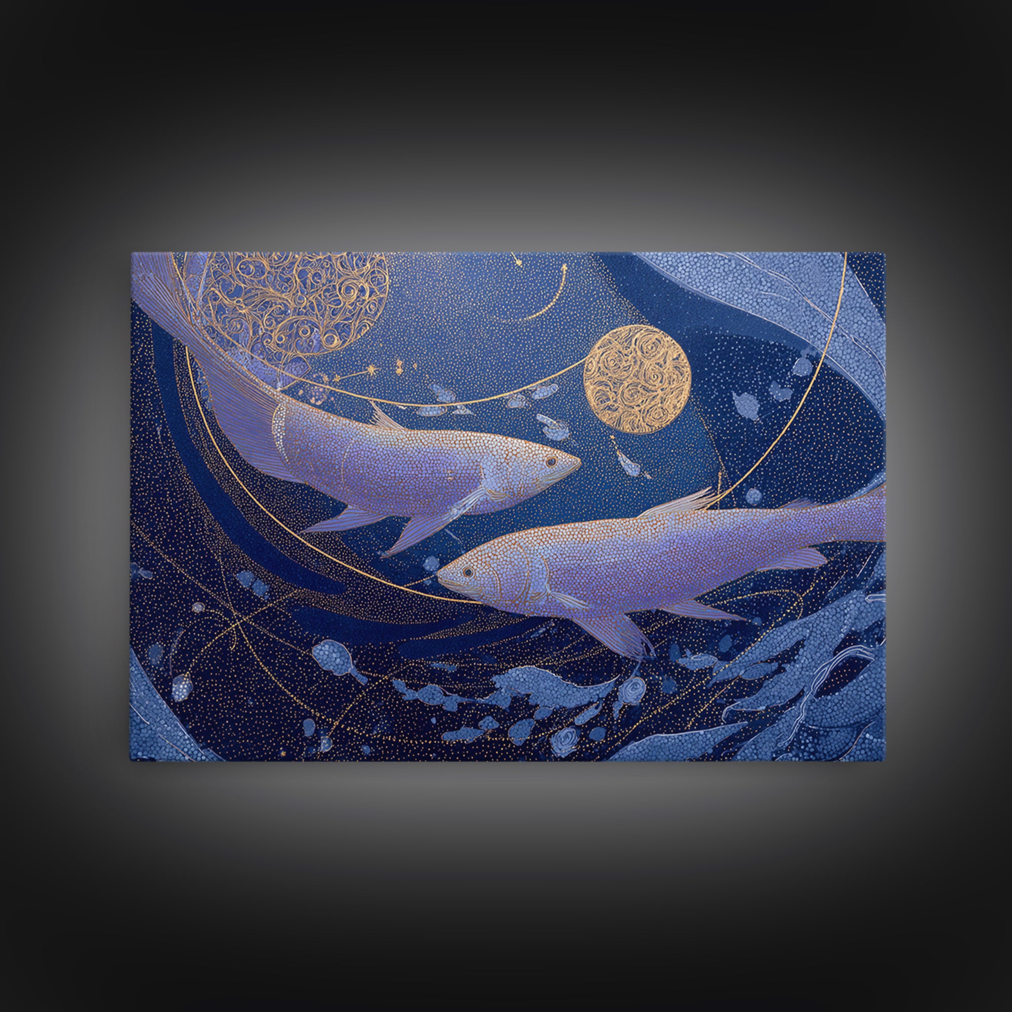 Cosmic Fish Pair Circling a Moonlit Pool Canvas Print, Astrology Art, Zodiac Wall Art, Living Room Decor, Fine Art, Zodiac, AST-3x2-3