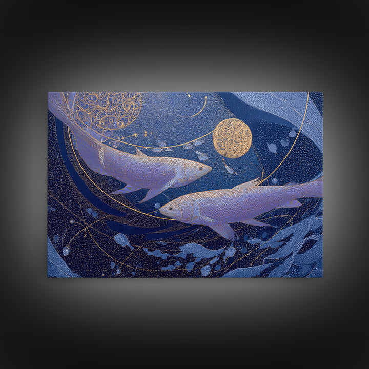 Cosmic Fish Pair Circling a Moonlit Pool Canvas Print, Astrology Art, Zodiac Wall Art, Living Room Decor, Fine Art, Zodiac, AST-3x2-3