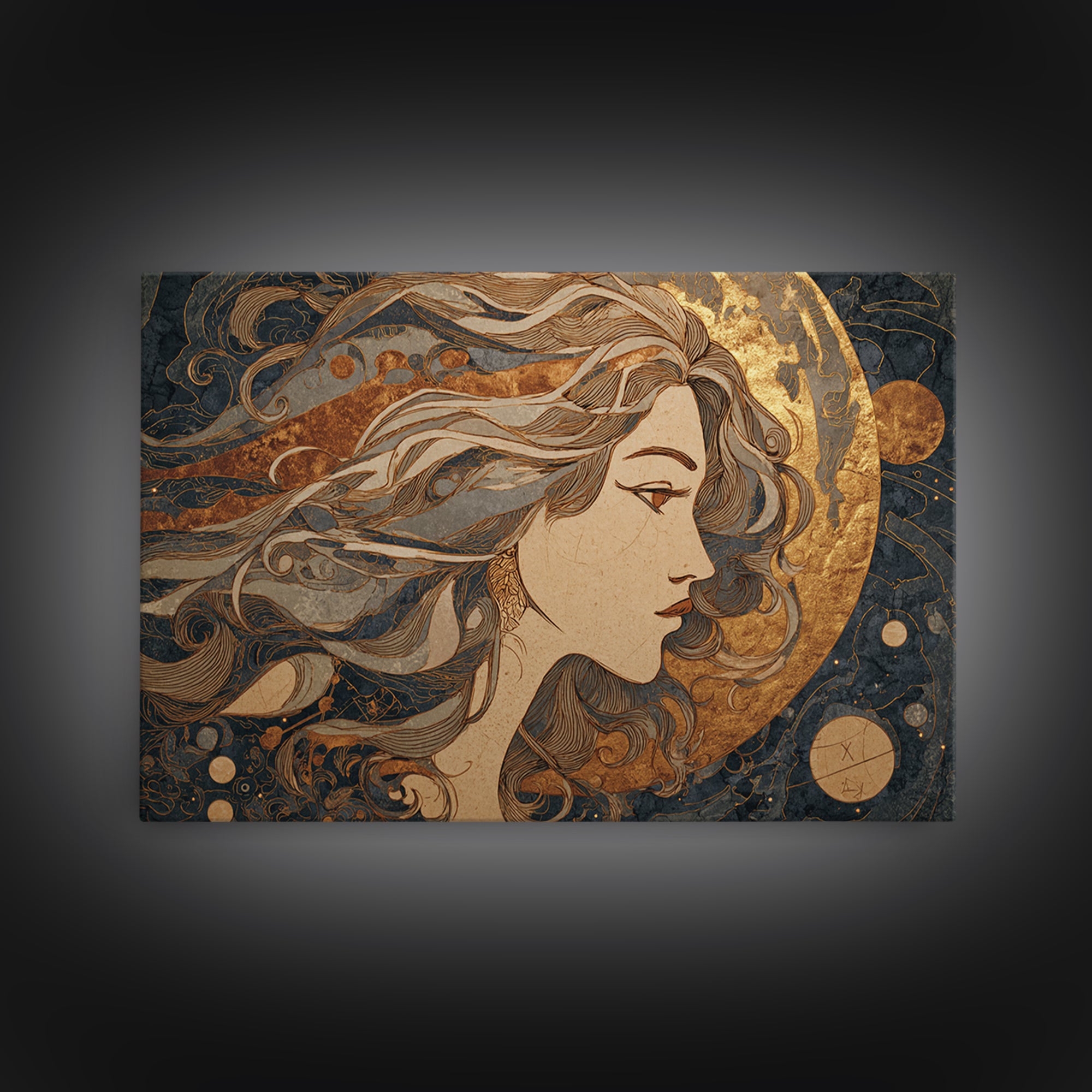 Moon Goddess with Flowing Hair and Constellations Canvas Print, Astrology Art, Fine Art Print, Living Room Decor, Zodiac, AST-3x2-31