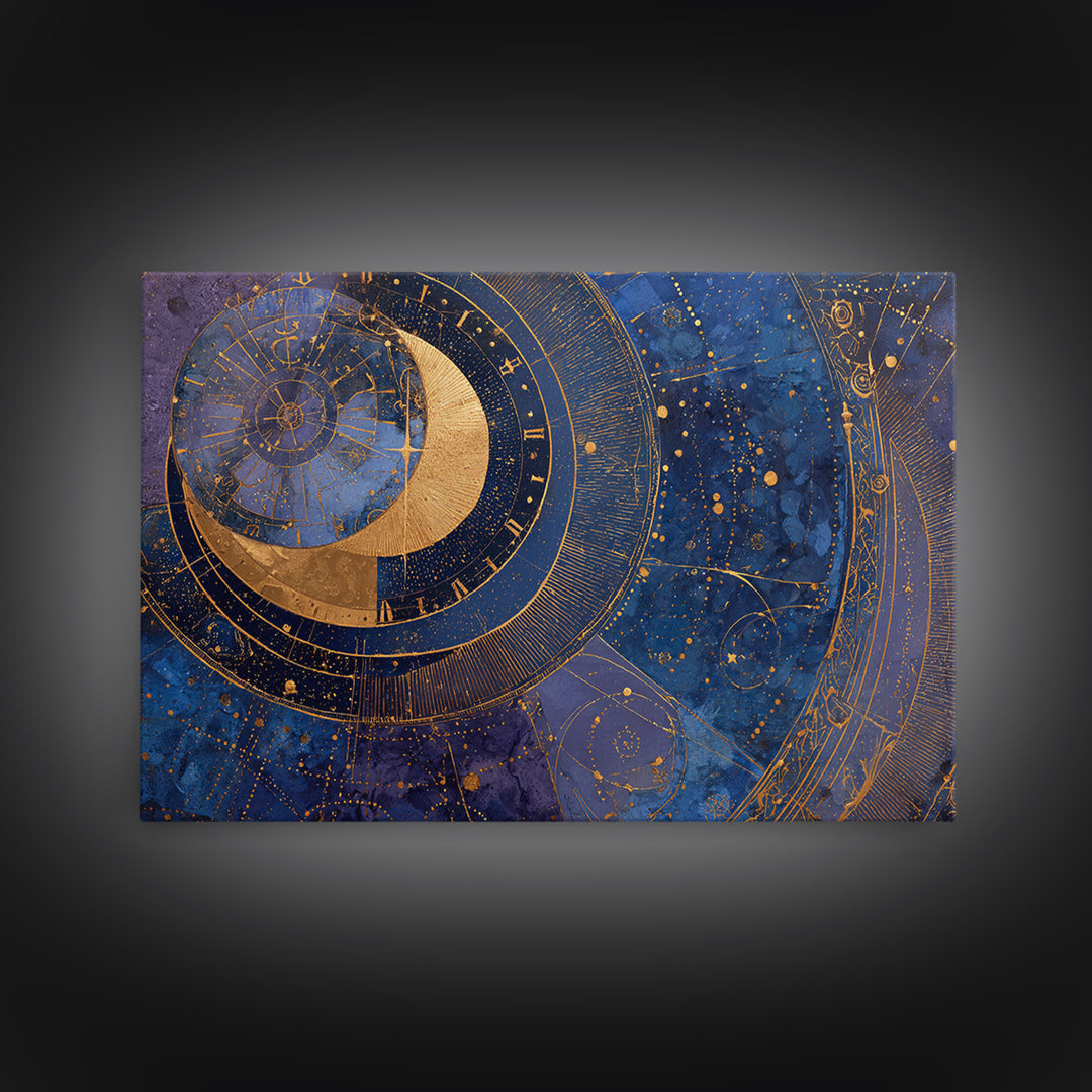 Gold Zodiac Wheel on Deep Midnight Blue Framed Canvas Print, Astrology Art, Astronomy Print, Living Room Decor, Zodiac, AST-3x2-5