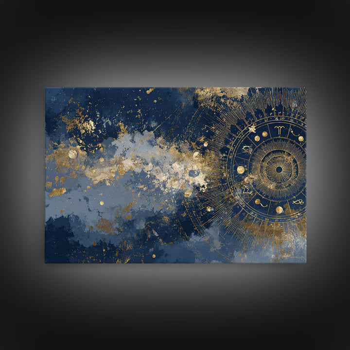 Gold Zodiac Wheel on Deep Midnight Blue Canvas Print, Astrology Art, Neutral Decor, Living Room Decor, Fine Art, Zodiac, AST-3x2-53