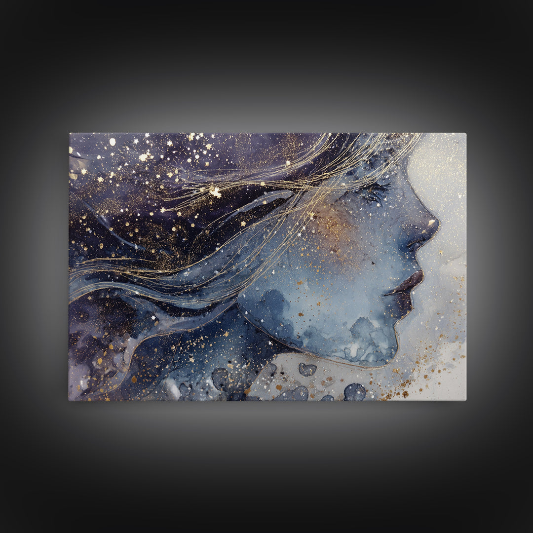 Moon Goddess with Flowing Hair and Constellations Canvas Print, Astrology Art, Astrology Gifts, Living Room Decor, Zodiac, AST-3x2-55