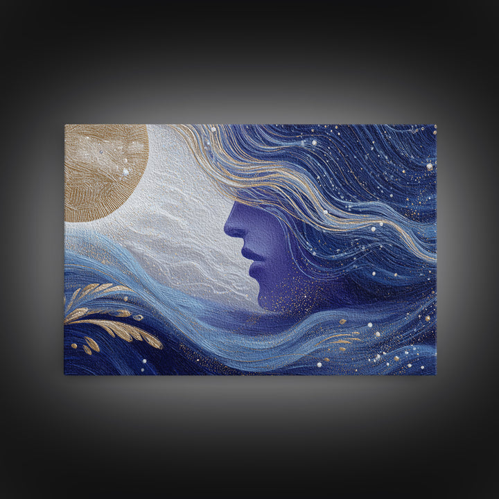 Moon Goddess with Flowing Hair and Constellations Framed Canvas Print, Astrology Art, Boho Decor, Living Room Decor, Zodiac, AST-3x2-7