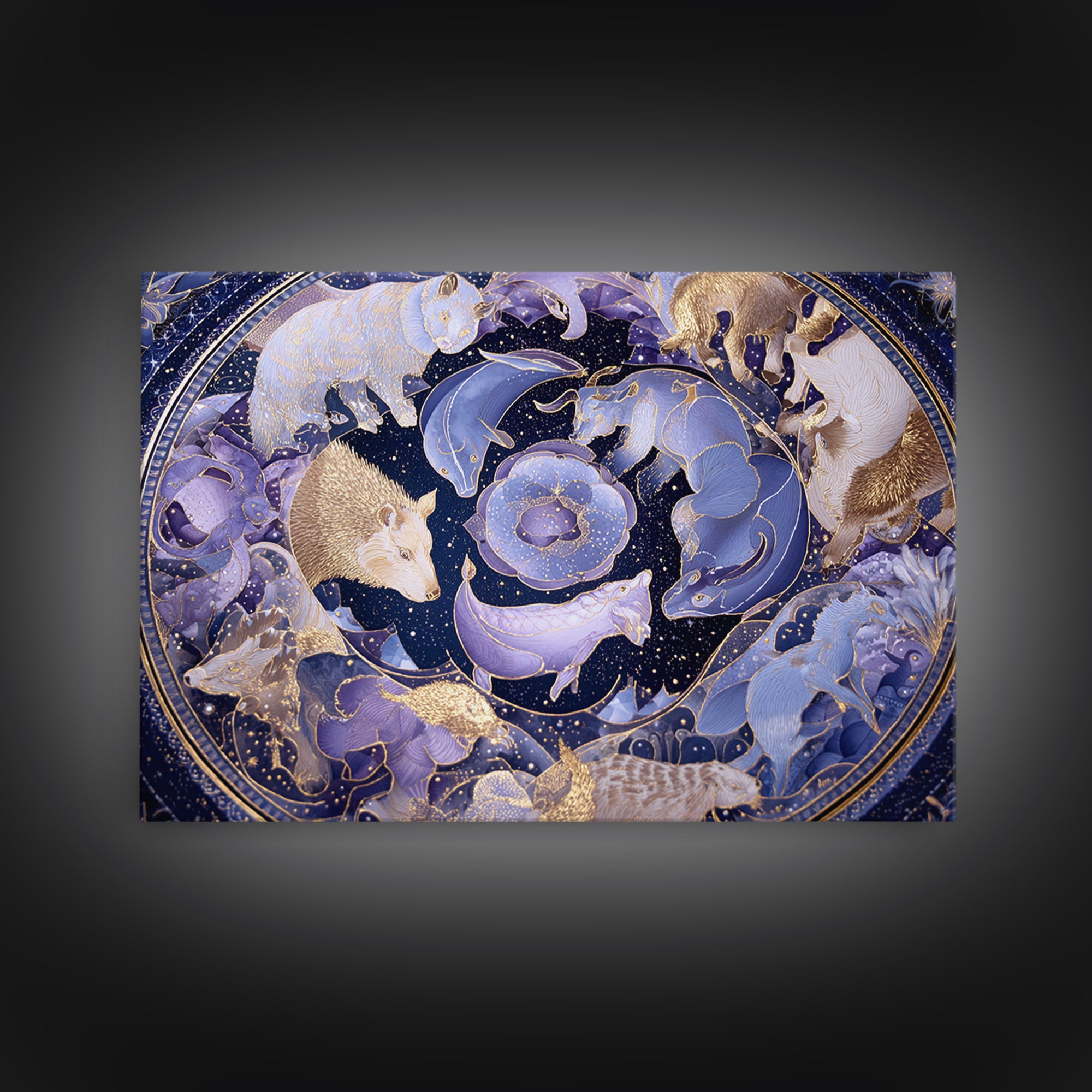 Twelve Zodiac Animals Arranged Framed Canvas Print, Astrology Art, Zodiac Sign Wall Art, Living Room Decor, Oil Painting, AST-3x2-8