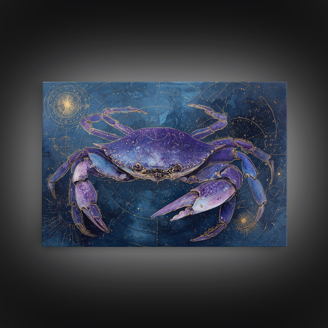 Celestial Crab under Glowing Ocean Moonlight Framed Canvas Print, Astrology Art, Art Print, Living Room Decor, Fine Art, Zodiac, AST-3x2-92