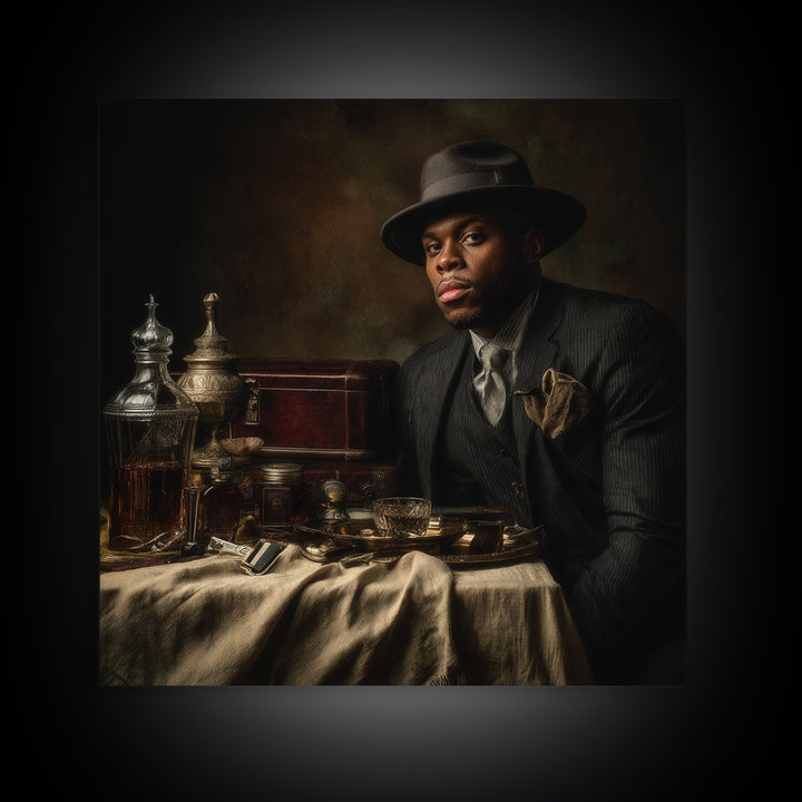 Moody Gentleman Portrait Canvas Print, Barbershop Art, Masculine Wall Art, Barbershop Decor, Oil Painting, Grooming, BAA-1x1-10