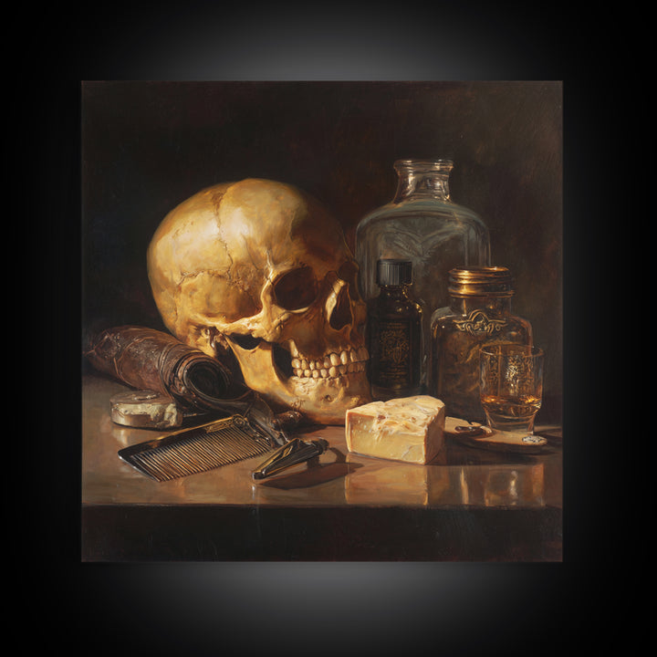 Skull with Comb and Razor in Tattoo Canvas Print, Barbershop Art, Unique Wall Art, Barbershop Decor, Oil Painting, Grooming, BAA-1x1-15