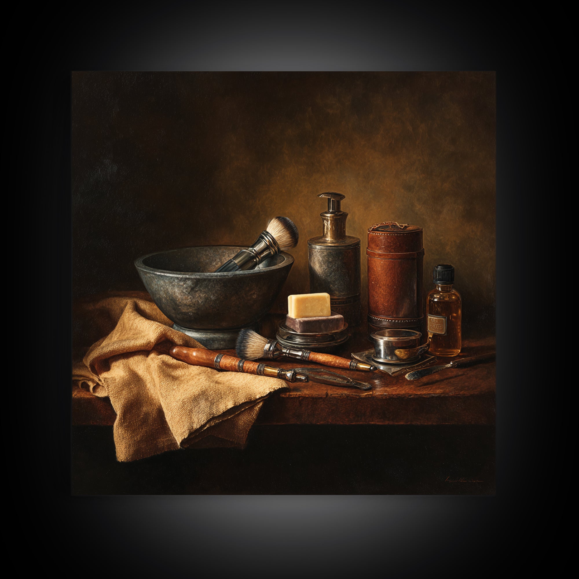 Hot Towel Shave Scene Cropped Close to Framed Canvas Print, Barbershop Art, Urban Wall Art, Barbershop Decor, Oil Painting, BAA-1x1-37