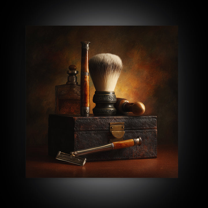 Straight Razor and Shaving Brush on Dark Canvas Print, Barbershop Art, Afrocentric Wall Art, Barbershop Decor, Grooming, BAA-1x1-50