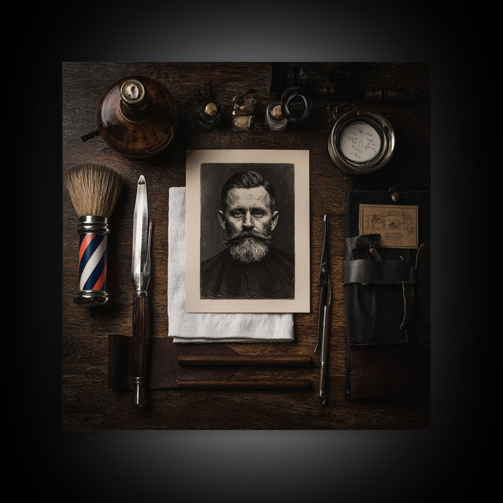 Tattooed Barber Portrait Framed Canvas Print, Barbershop Art, Downloadable Art, Barbershop Decor, Fine Art, Grooming, BAA-1x1-52
