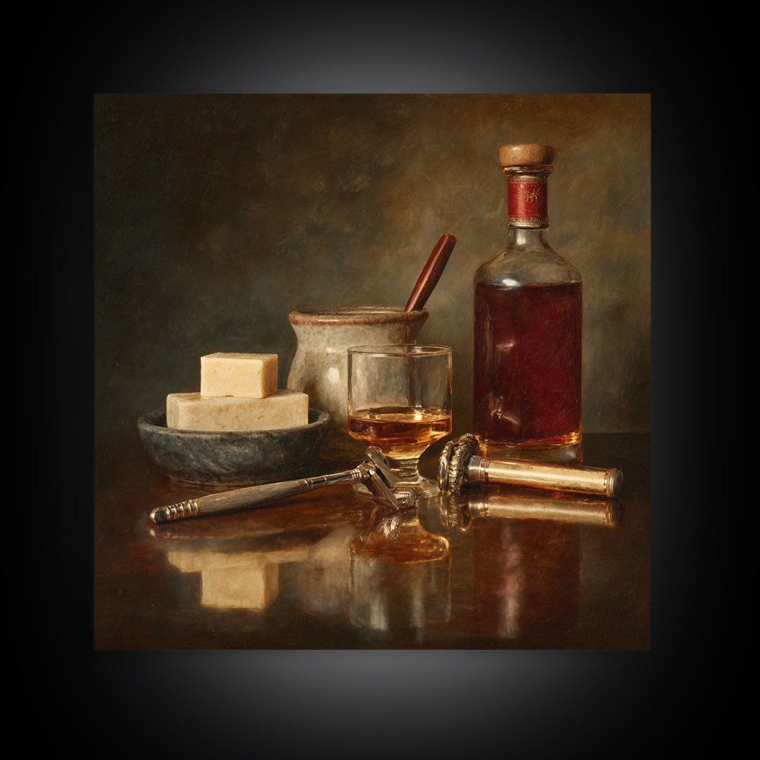Whiskey and Straight Razor Masculine Still Life Canvas Print, Barbershop Art, Orange Wall Art, Barbershop Decor, Abstract Art, BAA-1x1-55