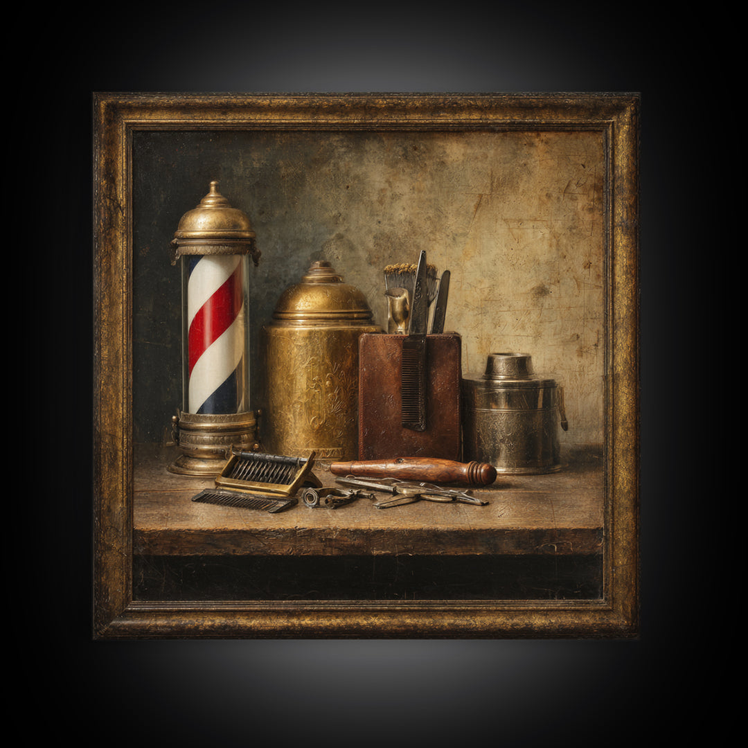 Antique Clippers and Combs on Worn Wood Framed Canvas Print, Barbershop Art, Black Man Art, Barbershop Decor, Abstract Art, BAA-1x1-57
