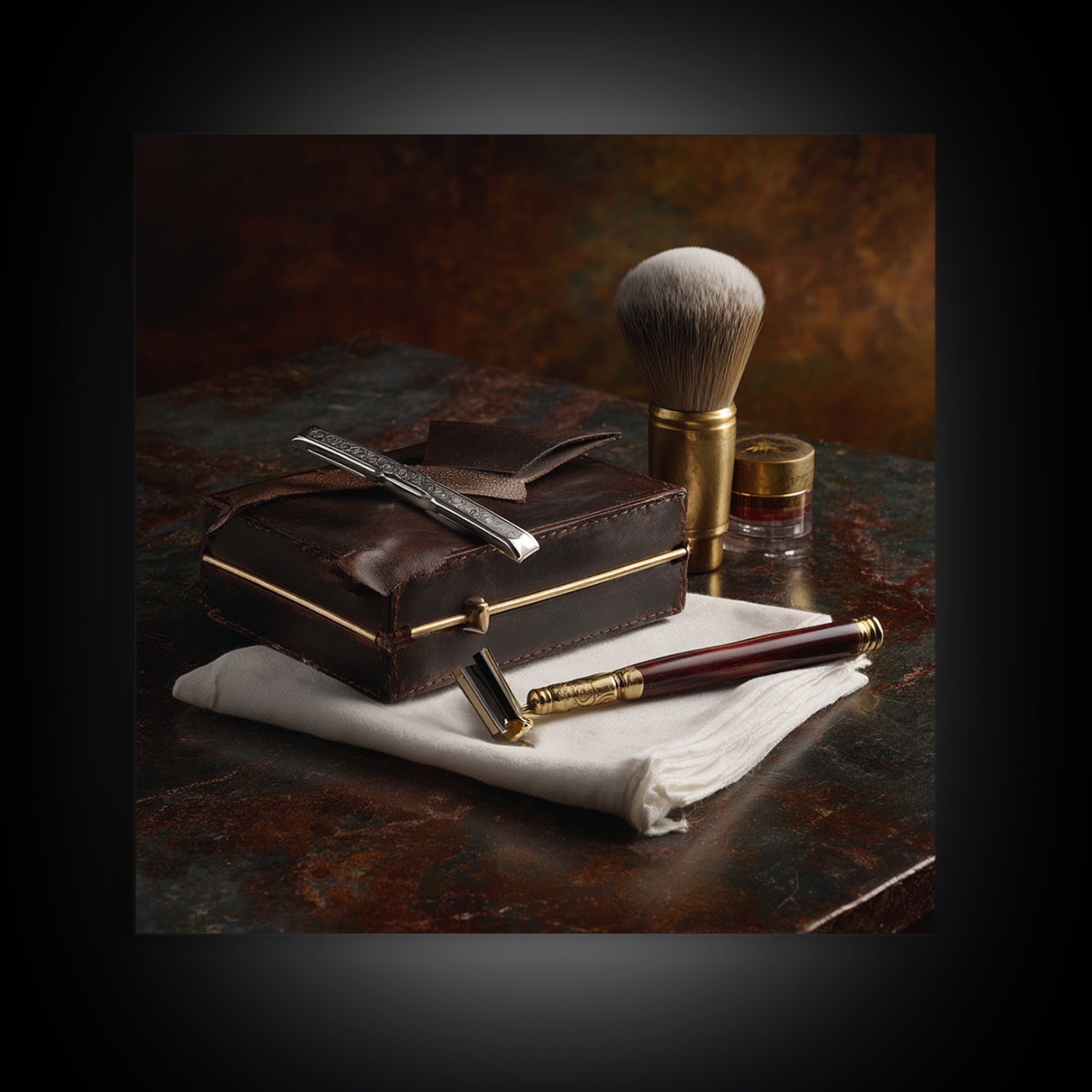 Straight Razor and Shaving Brush on Dark Framed Canvas Print, Barbershop Art, Orange Wall Art, Barbershop Decor, Grooming, BAA-1x1-74