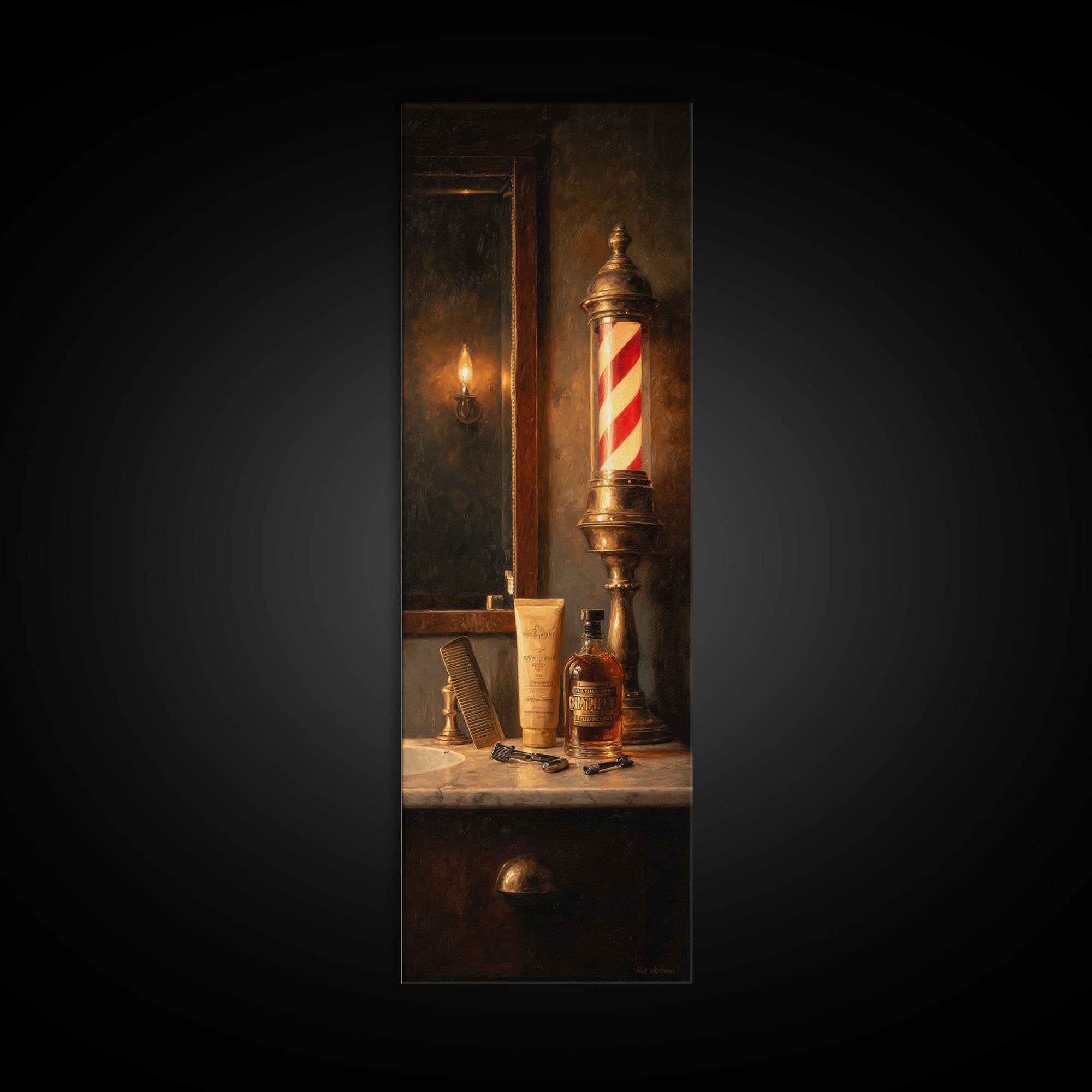 Whiskey and Straight Razor Masculine Still Life Canvas Print, Barbershop Art, Statement Artwork, Barbershop Decor, Grooming, BAA-1x3-19