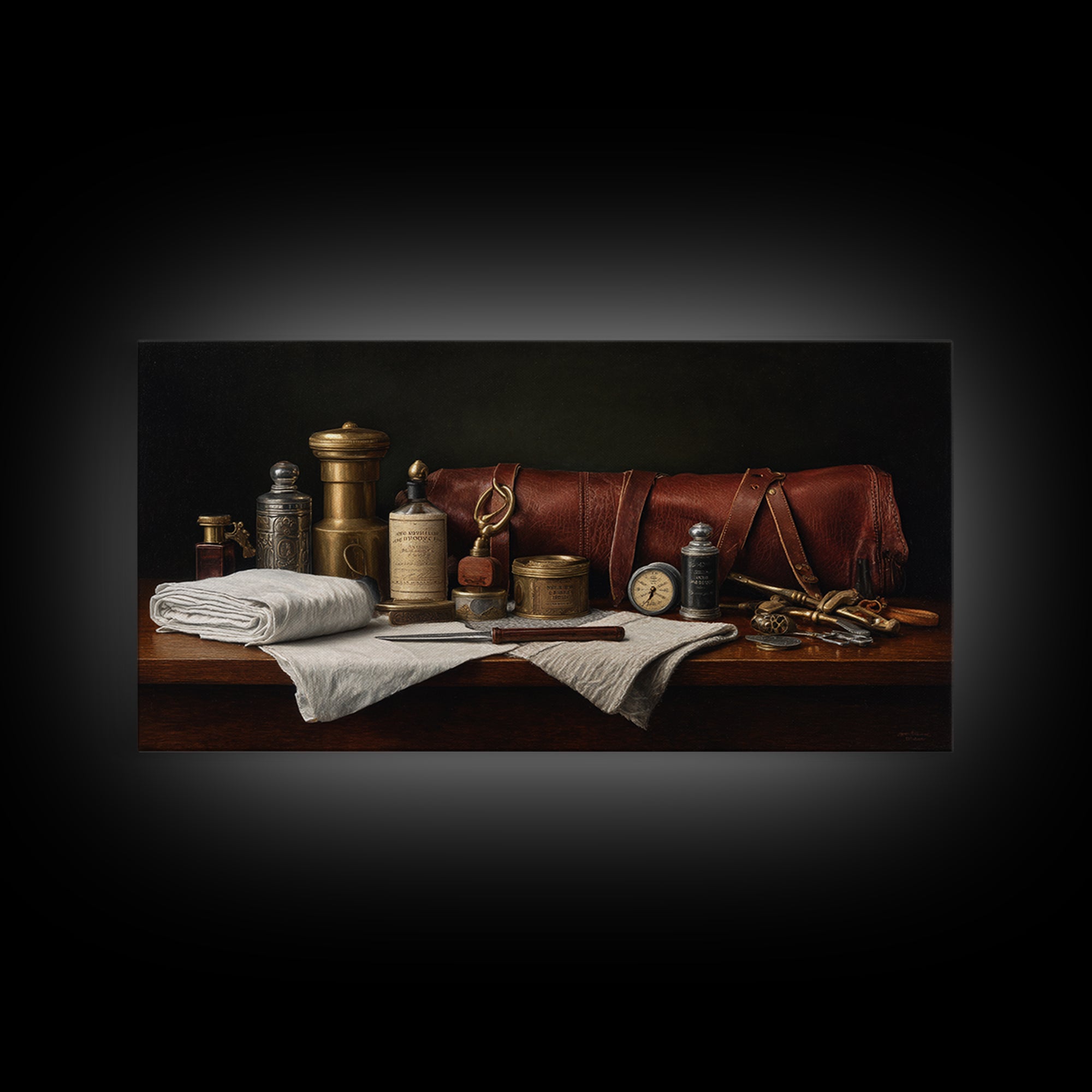 Leather Apron and Brass Tools Still Life Framed Canvas Print, Barbershop Art, Home Decor, Barbershop Decor, Fine Art, Grooming, BAA-2x1-42