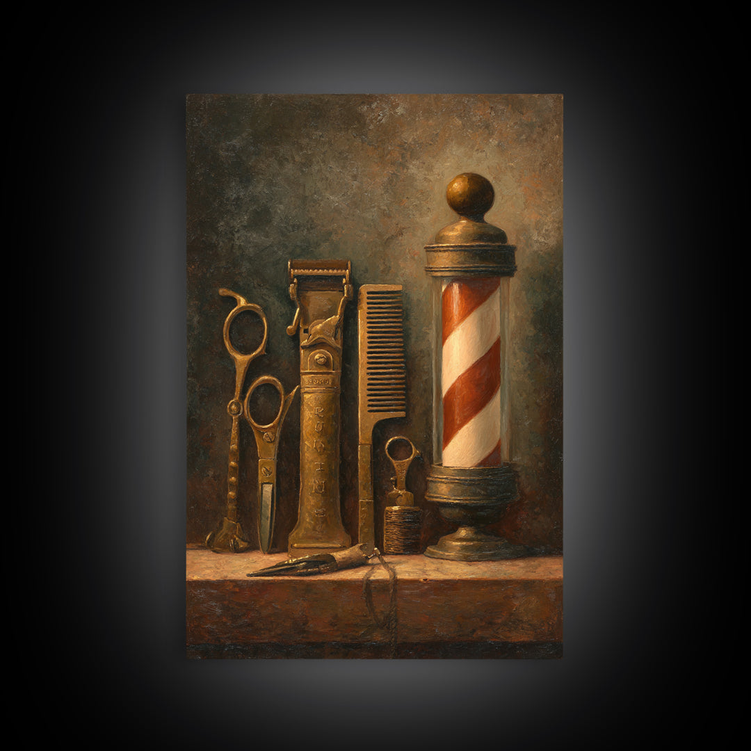 Antique Clippers and Combs on Worn Wood Framed Canvas Print, Barbershop Art, Barbershop Decor, Abstract Art, Grooming, BAA-2x3-41